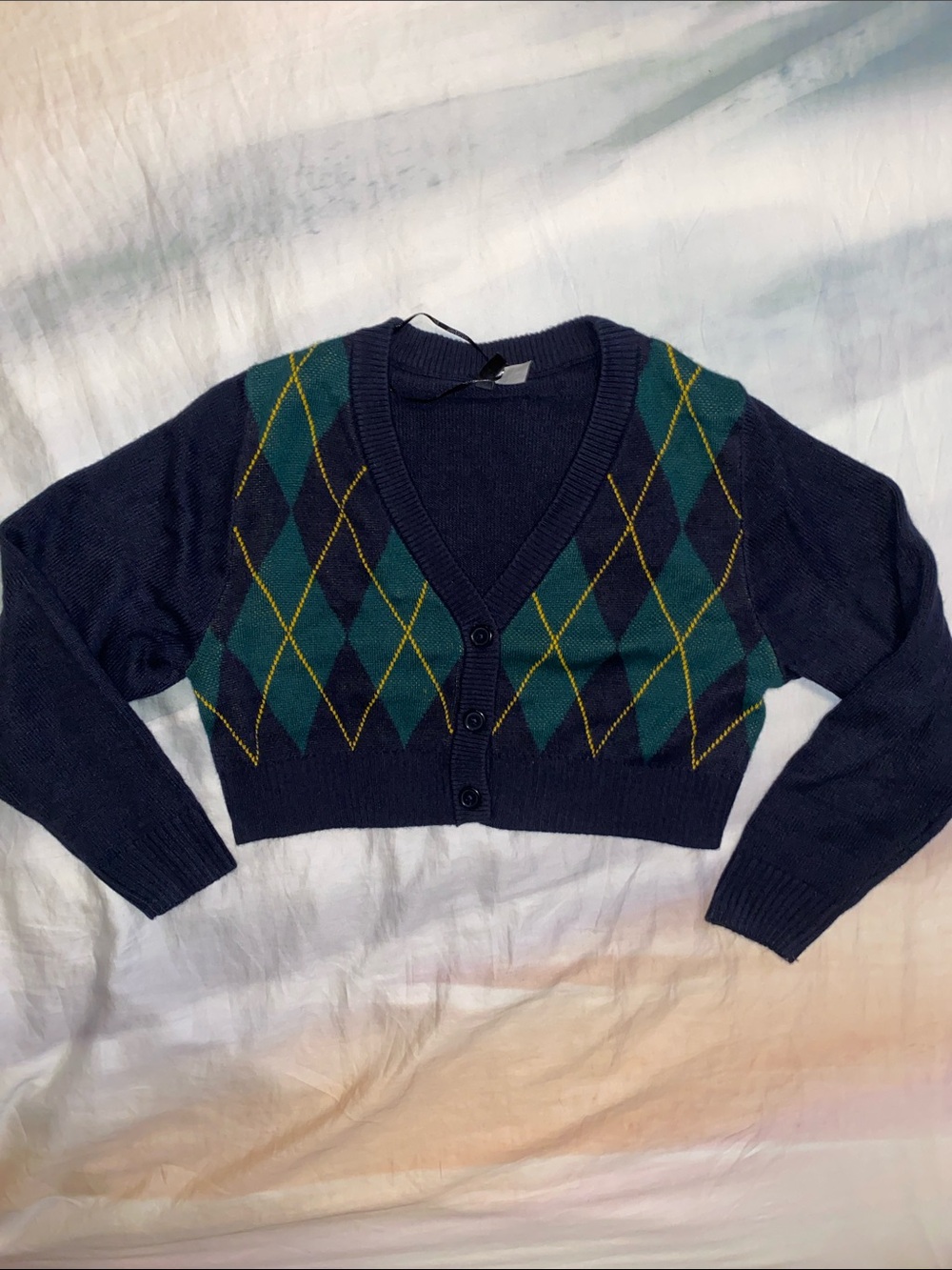 H&M Divided Argyle Cropped Cardigan Sweater Navy Blue Green Yellow Size Small